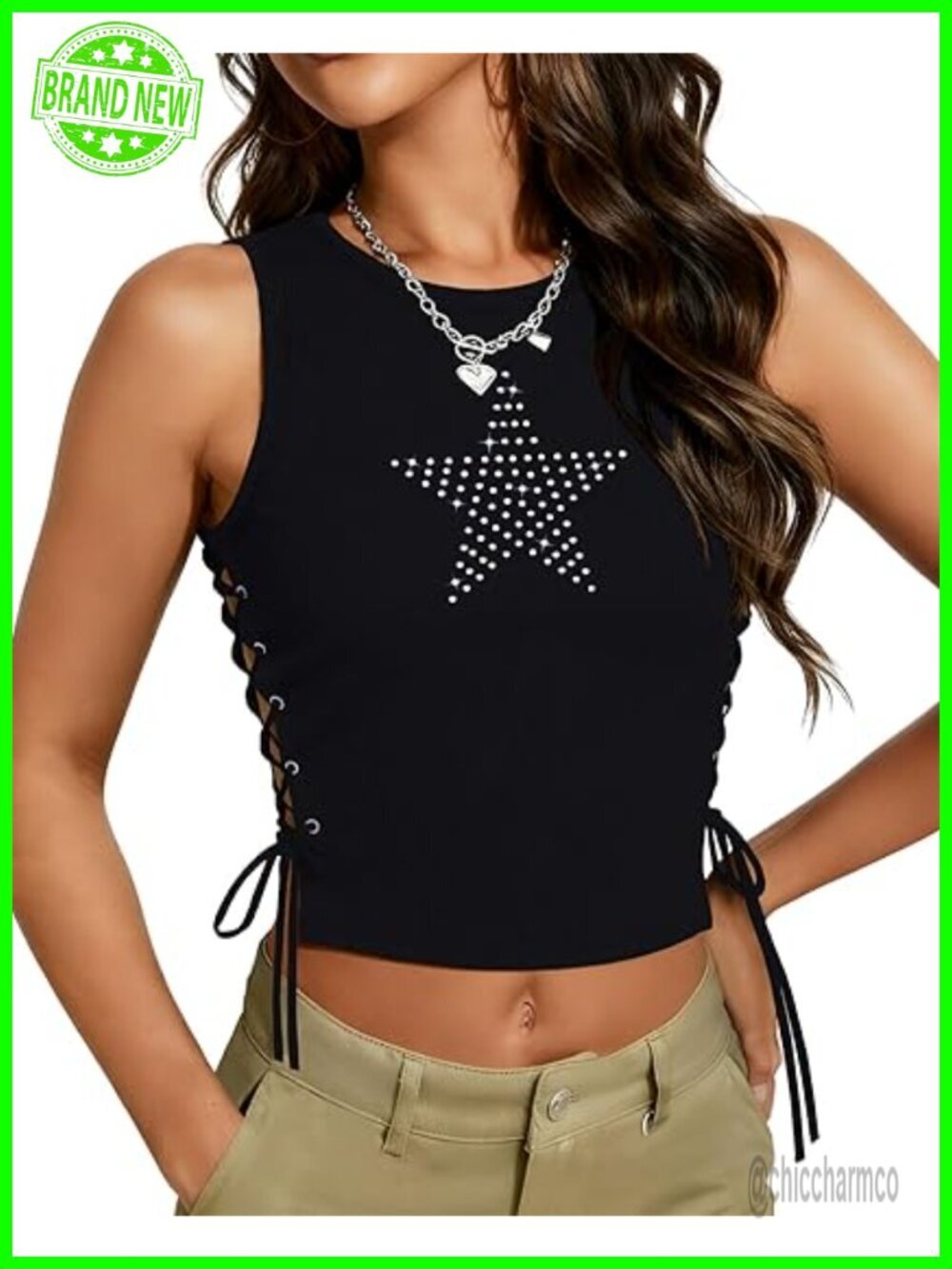 Y2K Sleeveless Ribbed Lace Up Crop Tank Top with Rhinestones